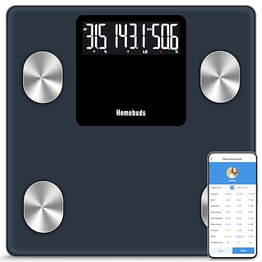 Homebuds 550lb Smart Scale for Body Weight High Precision by Weight Scale Professional Factory Since 2001 Free App Sync 13 Body Composition with BMI and Body Fat Grey