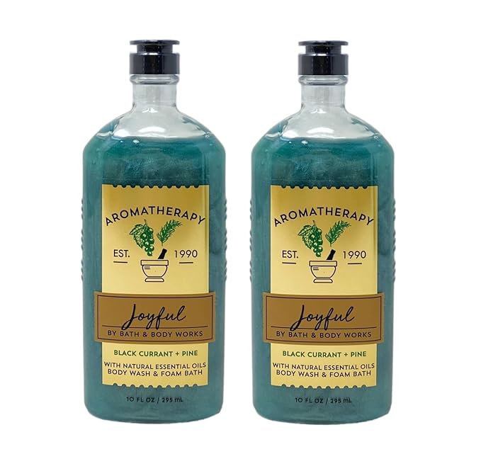 Bath &amp Body Works Aromatherapy Joyful BLACK CURRANT + PINE 2 Pack Body Wash &amp Foam Bath Bundle - 10 fl oz / 295 mL each