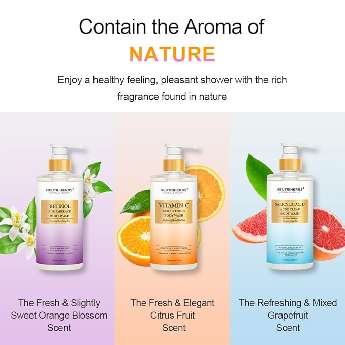 Neutriherbs Retinol Body Wash Anti Aging/Renewing Shower Gel For Women And Men Daily Shower Soap With Peptides Vitamin E Aloe Vera - Orange Blossom Scent 16.9 Fl.Oz