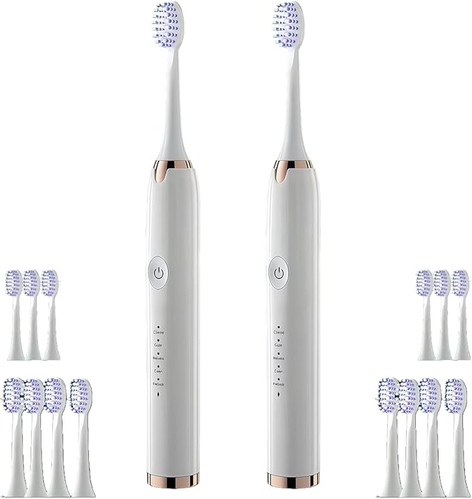 Electric Toothbrush for Adults 2 Pack Rechargeable Sonic Electric Toothbrush Cordless Battery Operated Toothbrush with 5 Modes 16 Brush Heads Travel Toothbrush Set (2PCS White)