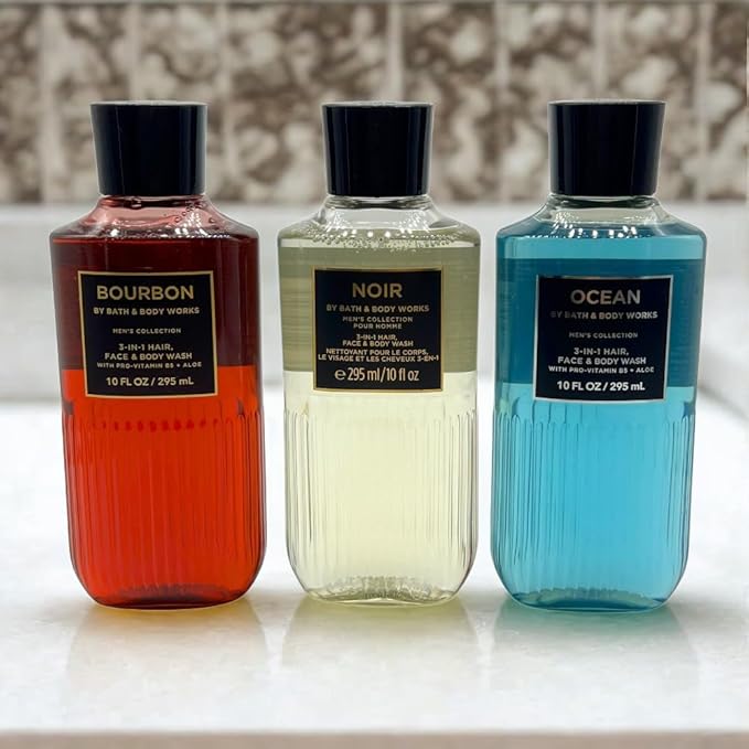 Bath &amp Body Works BOURBON NOIR OCEAN Men's Collection 3-in-1 Hair Face &amp Body Wash 3-piece Gift Set with a Blue Bow for Holidays - 10 fl oz each
