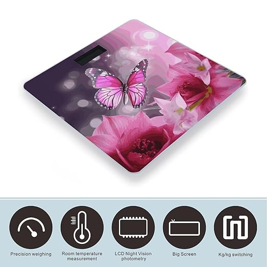 Pink Flower and Butterfly Bathroom Scale Automatic Power On/Off Body Scales LCD Backlight Display Square Digital Scale Rounded Corners Bathroom Scales for Home Bedrooms