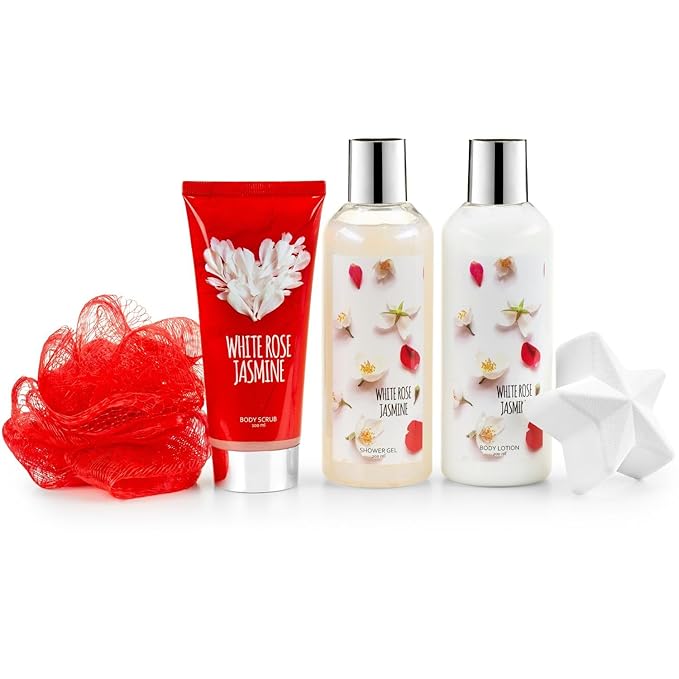 Fragrance Bath &amp Body Collection Gift Box Includes Shower Gel Body Lotion Body Scrub Bath Bomb &amp Sponge (White Rose Jasmine) – Mother's Day Gift for Mom