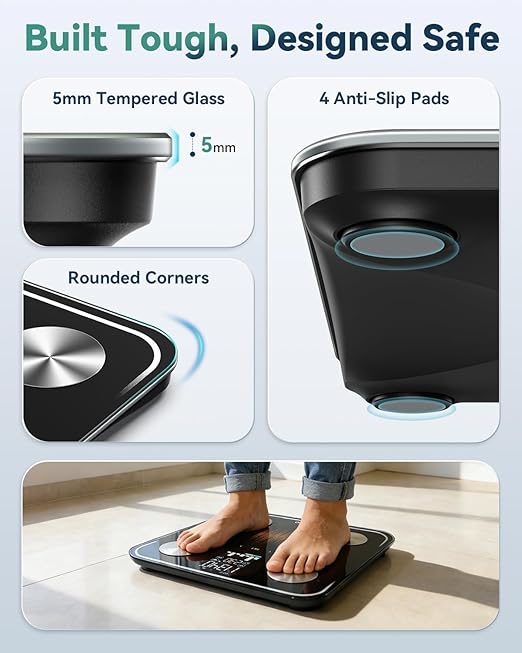 Smart Scale for Body Weight 4-Electrode BIA Body Composition Scale with High Precision Large LED Display Digital Bathroom Scale for BMI Body Fat Muscle Mass 18 Metrics Sync APP 400lb
