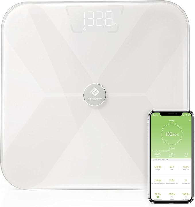 Etekcity Smart Bluetooth Body Fat Scale Digital Wireless BMI Weight Bathroom Scale with 13 Essential Measurements and ITO Conductive Glass Body Composition Analyzer with App White