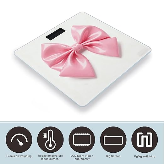Pink Bow Scale for Body Weight Highly Accurate Digital Bathroom Electronic Weighing Machine for People LCD Display Large Size Tempered Glass for Safe Home Use