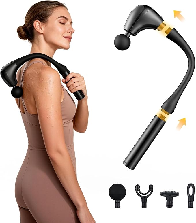 G4D Fascia Gun with Detachable U-Shape Long Handle 10mm Deep Tissue Percussion Brushless Motor Up to 2800 RPM Type-C Fast Charging Includes 4 Massage Heads for Back Neck Shoulder Relief