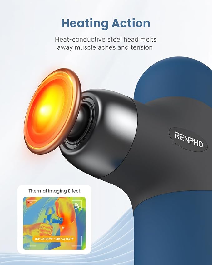 RENPHO Mini Thermal Massage Gun with Heat Portable Deep Tissue Percussion Massager with 4 Heads for Neck &amp Back Comfort Ultra-Quiet Operation for Home Office &amp Travel Includes Compact Carr