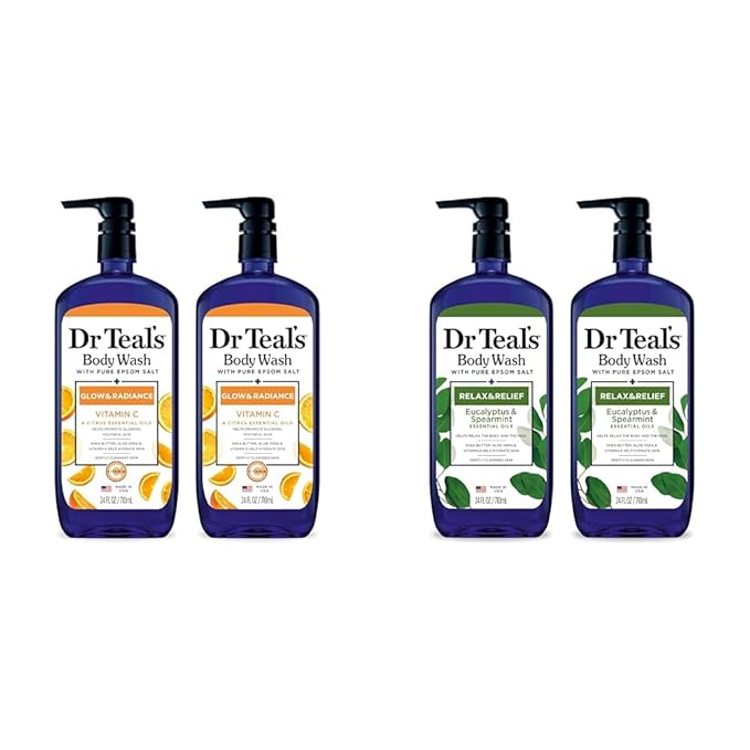 Dr Teal's Body Wash Bundle with Pure Epsom Salt Glow &amp Radiance with Vitamin C &amp Citrus (Pack of 2) and Relax &amp Relief with Eucalyptus &amp Spearmint (Pack of 2)