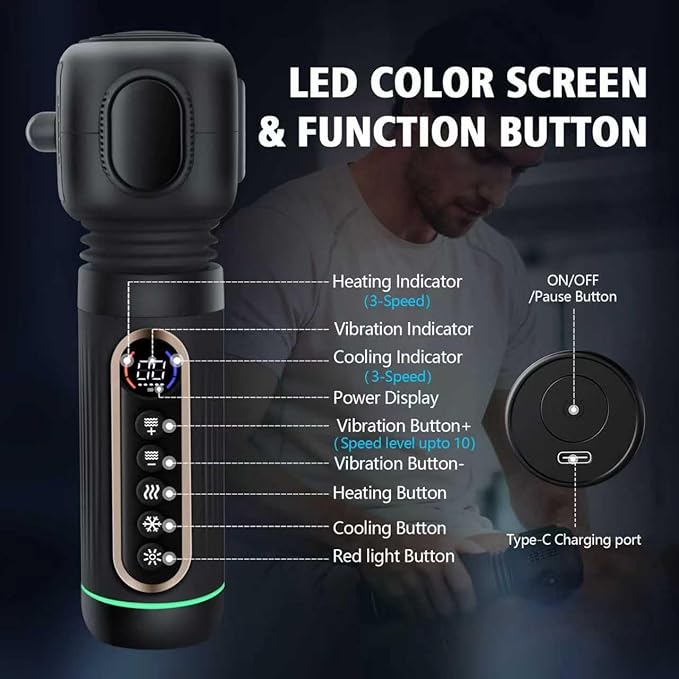 Handheld Vibrating Trigger Point Massage Gun with Heat and Cold &amp Red Light Deep Tissue Vibration Massager for Full Body Pain Relief Pressure Point Massage Tool -Gifts for Men &amp Women (Large