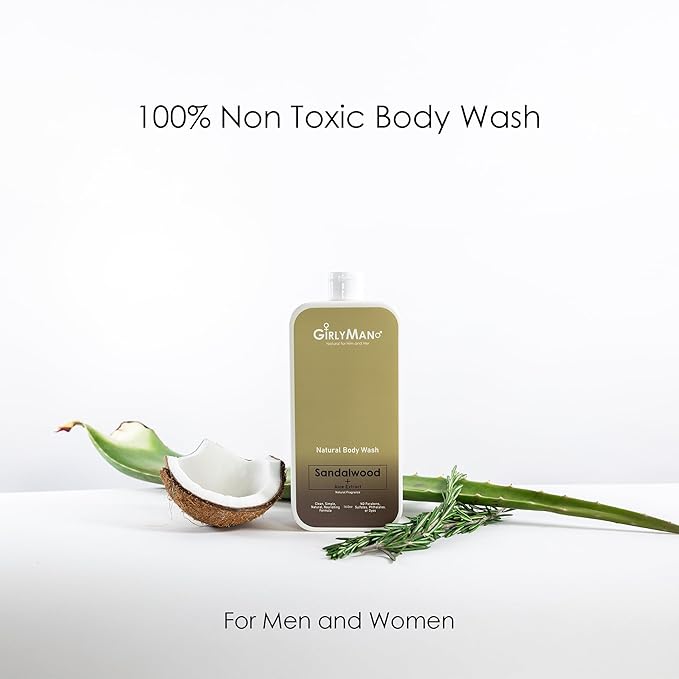 GirlyMan Natural Body Wash - Made with Olive Oil &amp Aloe Extract No Artificial Fragrance PH Balanced Gentle Formula Nourishing Ingredients Family Owned (Sandalwood)