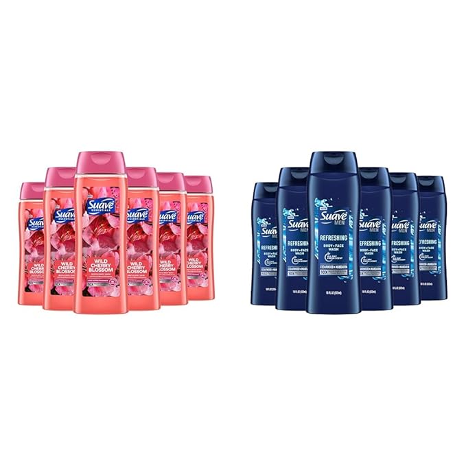 Suave Body Wash Pack of 6 Cherry Blossom and Men's Cedarwood 18 Oz With Vitamin E and 10X More Moisturizers