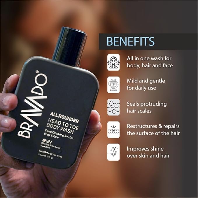 BRA.VADO All Rounder Head to Toe Body Wash | 3-in-1 Gentle Formula for Hair Body &amp Face | Deep Cleansing &amp Hydrating with Black Oat &amp Lecithin | Refreshing Toxin-Free Perfect for Daily