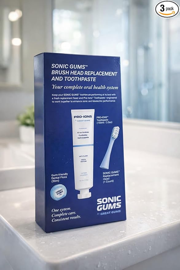 Sonic Gums Brush Head and Pro-Ions Toothpaste Replacement Head with Fluoride-Free Toothpaste Natural Spearmint