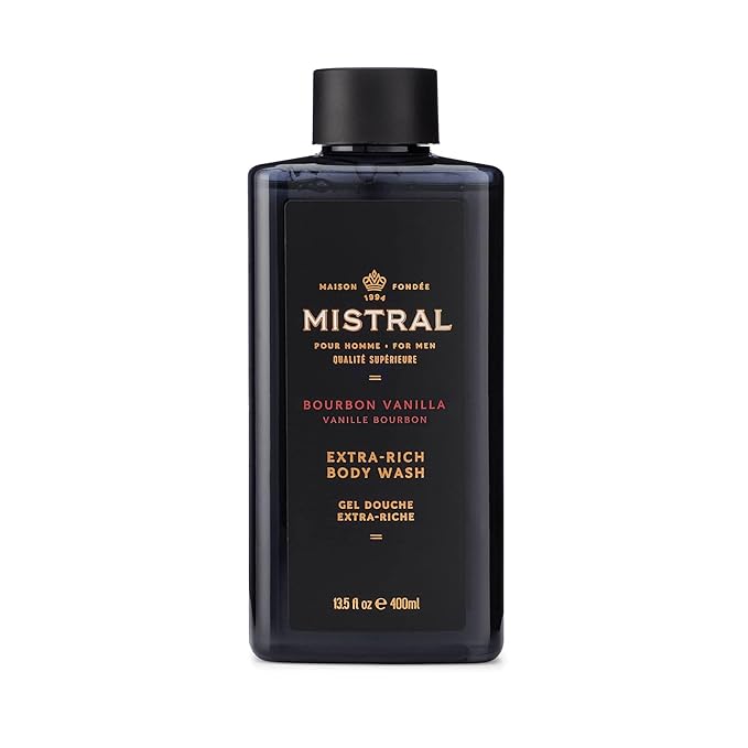Mistral Men's Body Wash &amp Shampoo Bourbon Vanilla 13.5 oz | 2-in-1 Natural Shower Gel for Men | SLS Paraben &amp Phthalate Free | Natural Men’s Body Wash Moisturizing Bath Gel - Made in France