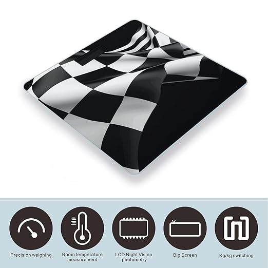 Black White Formula Checkered Flags Pattern Weight Scale Large Bathroom Scales Digital Weight with Bright LED Display Non Slip Automatic Weighing Scale Fashion Weighing Machine for Body