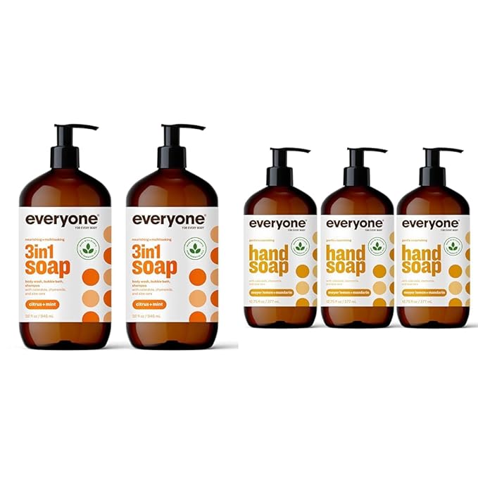 Everyone 3-in-1 Soap Body Wash Bubble Bath Shampoo 32 Ounce (Pack of 2) Citrus and Mint &amp Liquid Hand Soap 12.75 Ounce (Pack of 3) Meyer Lemon and Mandarin
