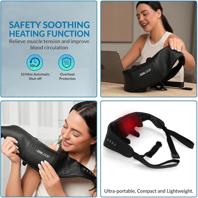 ZENLOOP Ultra-Comfort Neck &amp Shoulder Massager - Advanced 4D Kneading Therapy with Soothing Heat - USB-C Rechargeable - Adjustable Design Quiet Use Extended Battery &amp Durable - for Home/Offi