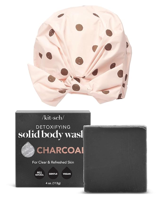 Kitsch Detoxifying Charcoal Body Wash Bar &amp Reusable Luxury Shower Cap for Women