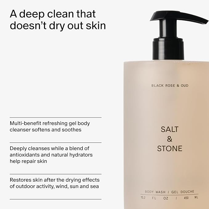 Salt &amp Stone Body Wash with Antioxidants for Deep Moisture | For Women &amp Men Sulfate Paraben &amp Dye Free Leaving Skin Soft and Hydrated | Black Rose &amp Oud 15.2 fl oz