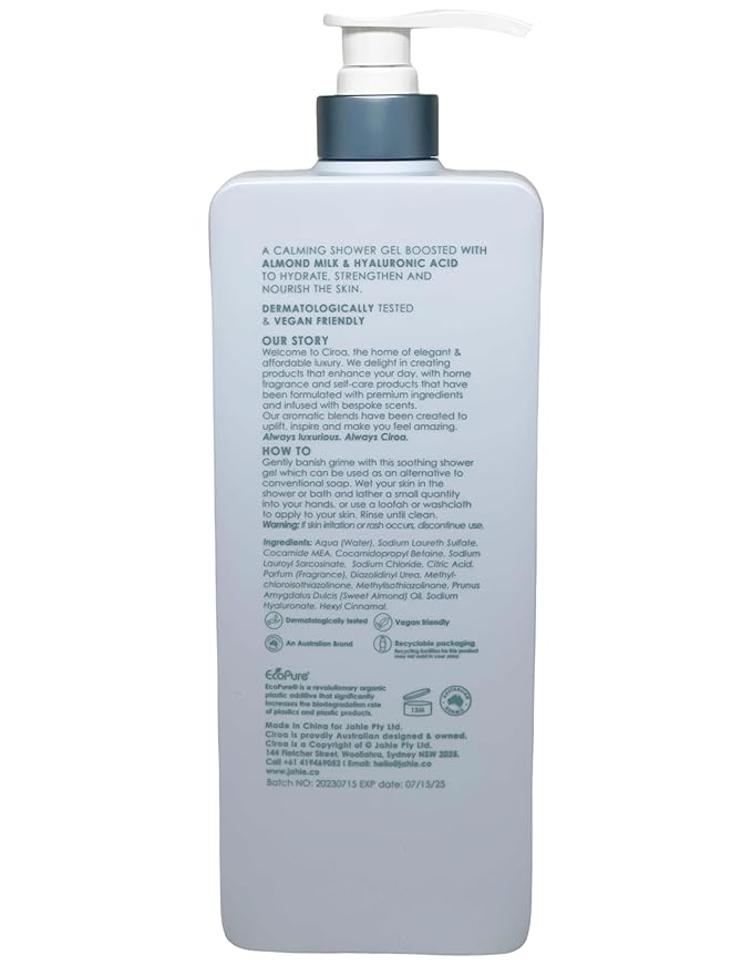 Ciroa Almond Milk &amp Hyaluronic Acid Hydrating Shower Gel Dermatologically Tested &amp Vegan friendly 33.8 fl oz / 1.000 ml