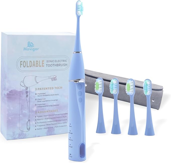 Foldable Electric Toothbrush for Adults – Dual UV Sanitization 272 Sonic Modes USB-C Rechargeable 4 Brush Heads Leather Travel Case Portable Blue Toothbrush