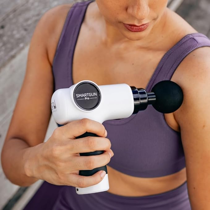 SPA SCIENCES - SmartGun Pro – Therapeutic Deep Tissue Percussion Massager – for Muscle Soreness – with Interchangeable Heads and 8 Intensity Levels – USB Rechargeable – White