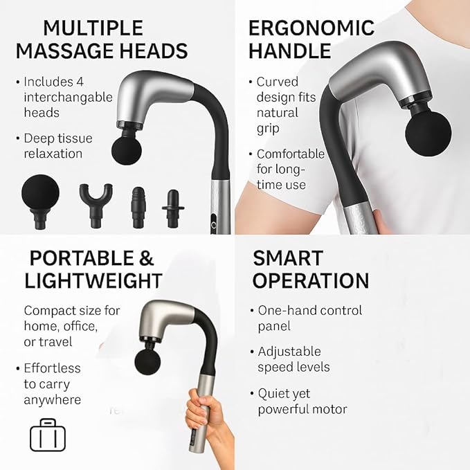 Handheld Cordless &amp Rechargeable Back Massager - Quiet - Full Body Massage Device for Women Aches Relief Sports Recovery and Deep Relaxation - 99Silver