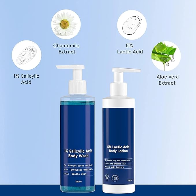 1% Salicylic Acid Bodywash 375 mL with Loofah &amp 5% Lactic Acid Lotion 200 mL for Women | Helps to Prevent Body Acne Cleanses Skin &amp Nourishes Skin | Paraben and SLS Free