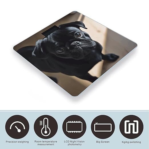 Digital Bathroom Scale for Body Weight Scale with Bright LCD Display High Accuracy Step-On Technology Auto On/Off Black Pug Dog Puppy Digital Scales 400 Lbs /180kg
