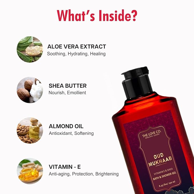 The love co Oud Mukhaab - Oud Vanilla Body Wash | For Men &amp Women Organic &amp Vegan | Enriched with Shea Butter Vitamin E &amp Niacinamide | For Moisturizing Care - 250ml
