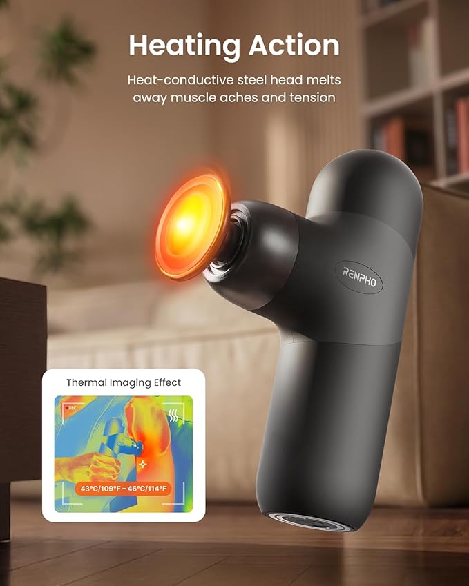 RENPHO Mini Thermal Deluxe Massage Gun with Quick Charging Dock and Heat Color Silicone Sleeves Travel Size Percussion Massager with Carry Case Portable Deep Tissue Muscle Massager