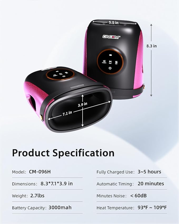 CINCOM Hand Massager with Heat and Compression Finger and Palm Massage Machine for Pain Relief Arthritis and Improved Circulation Gifts for Women Cordless and Rechargeable (Black)