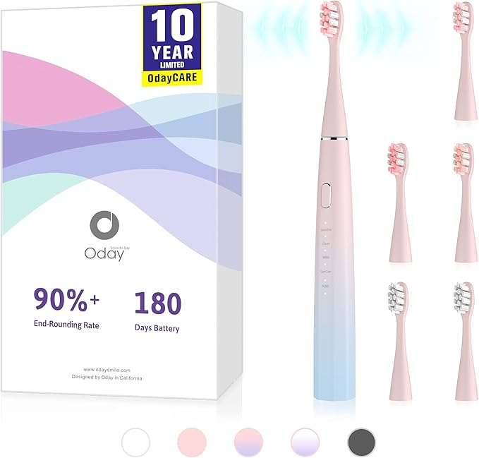 Oday N9000 Sonic Electric Toothbrush 90% End-Rounding 10 YR Warranty 2000 mAh Battery (180 Days) IPX7 Waterproof 43000 VPM (2nd Gen. 3S Sonic Motor) 5 Modes with Smart Timer 6 Brush Heads