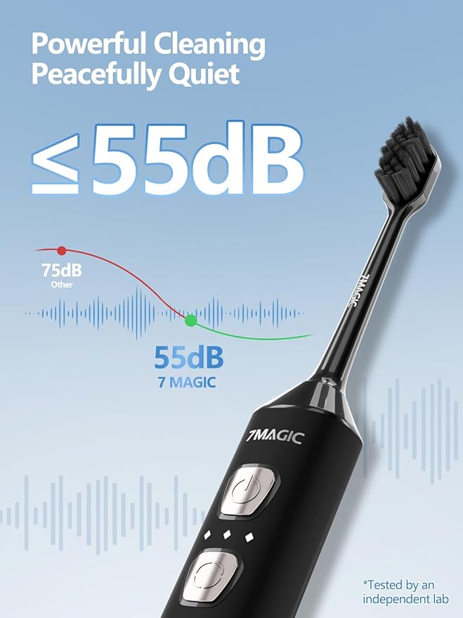 7MAGIC Black Sonic Electric Toothbrush Bundle with Genuine Brush Heads for Deep Cleaning 2-Pack