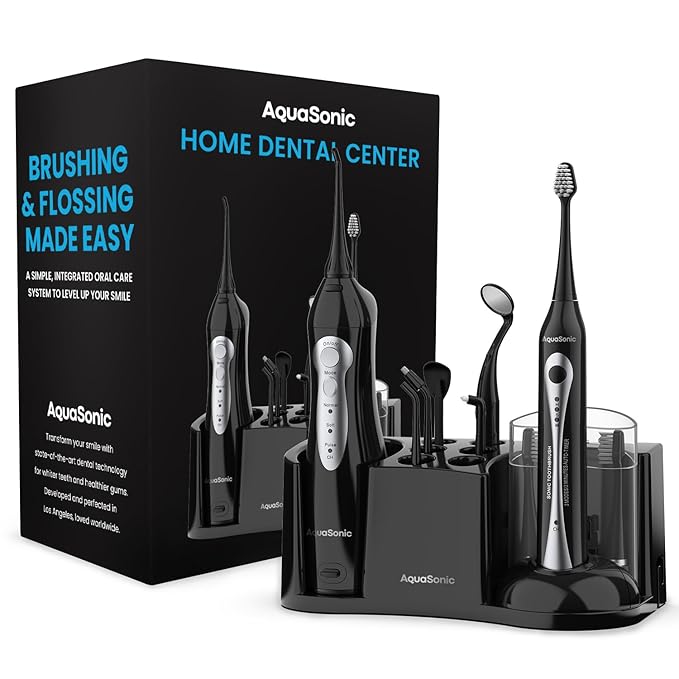AquaSonic Home Dental Center Rechargeable Power Toothbrush &amp Smart Water Flosser - Complete Family Oral Care System - 10 Attachments and Tips Included - Various Modes &amp Timers (Black)