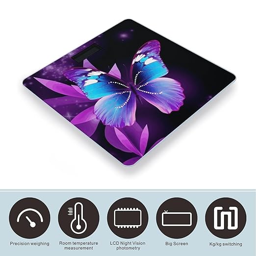 Blue Purple Butterfly Weight Scale Large Bathroom Scales Digital Weight with Bright LED Display Non Slip Automatic Weighing Scale Fashion Weighing Machine for Body