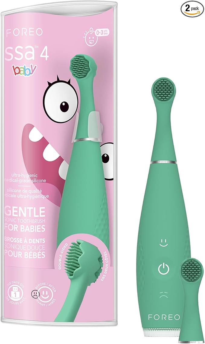 FOREO ISSA 4 Baby – Silicone Sonic Electric Toothbrush Bundle for Babies 2-Sided Bristles Fun Smile Feature Gum Massage 12 Months of Care with Extra Brush Head Travel-Friendly - Kiwi Green