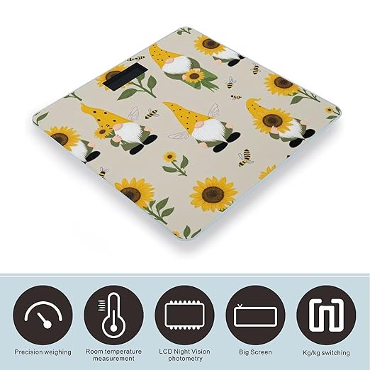 Energy Saving Scale Bathroom Weighing Scale Smart Scale for Body Weight Digital Gnomes Bees and Sunflowers