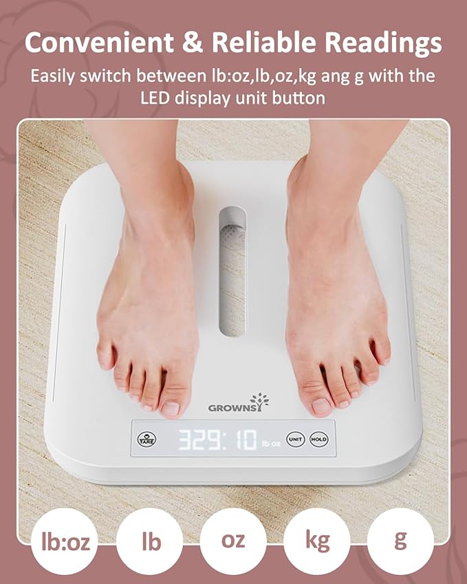 GROWNSY Smart Baby/Pet ScaleDigital Baby Weight Scale with App for Tracking Growth of Infant ToddlerPuppyand Cat—Supports Up to 330 lbs with Hold Function 27-inch Height Measurement5 Units