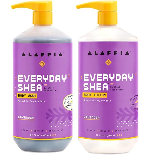 Alaffia Everyday Shea Body Lotion and Body Wash Bundle - Normal to Very Dry Skin Moisturizes and Cleanses Soft and Supple Skin with Shea Butter Lemongrass Neem and Coconut Oil Lavender 32 Oz Each