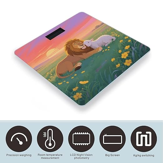 Sunset Nature Lamb and Lion Scale for Body Weight Sturdy Tempered Glass Weighing Scales with LCD Display Accurate Digital Bathroom Scale Convenient Body Fat Smart Scales Easy Read