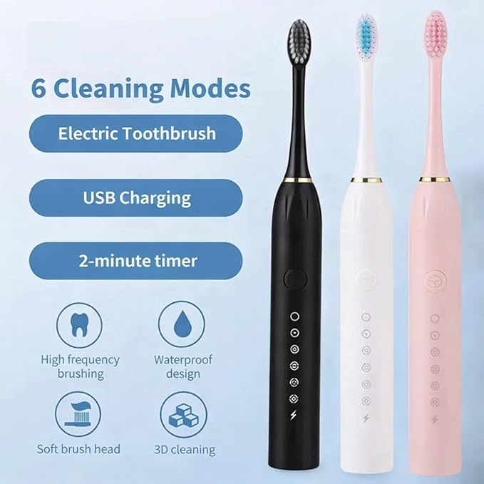 Electric Toothbrush for Adults Rechargeable Cordless Power Toothbrush with 6 Modes 4 Brush Heads 2-Min Timer Electric Tooth Brush Adult Black White Pink (Pink 1 Handle 4 Heads)