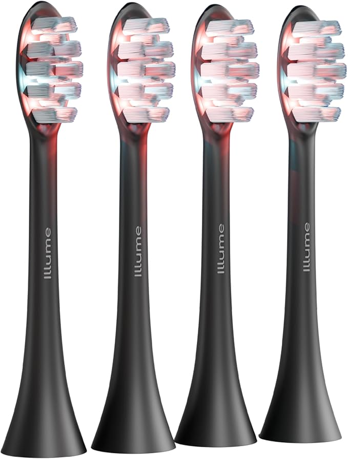 BioLight Illume Sonic Toothbrush Replacement Heads 4-Pack Red &amp Blue LED Bristle Heads Medical-Grade Soft Bristles Snap-On Fit for Illume Sonic Toothbrush BPA-Free - Black