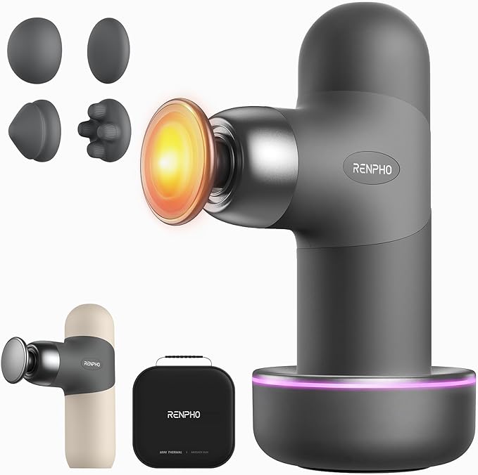 RENPHO Mini Thermal Deluxe Massage Gun with Quick Charging Dock and Heat Color Silicone Sleeves Travel Size Percussion Massager with Carry Case Portable Deep Tissue Muscle Massager