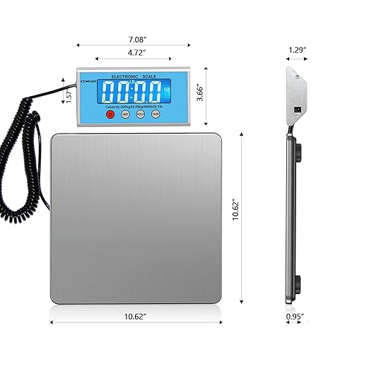 Shipping Scale 440lb with High Accuracy Heavy Duty Stainless Steel Postal Scale with Hold/Tare Digital Shipping Scale for Packages/Luggage/Post Office/Home Battery &amp AC/DC Adapter