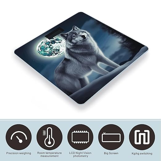 Wolf Under Moon Bathroom Scale Large LCD Backlight Display Digital Scale Rounded Corners Body Scales Automatic Power On/Off Bathroom Scales for Home Bedrooms