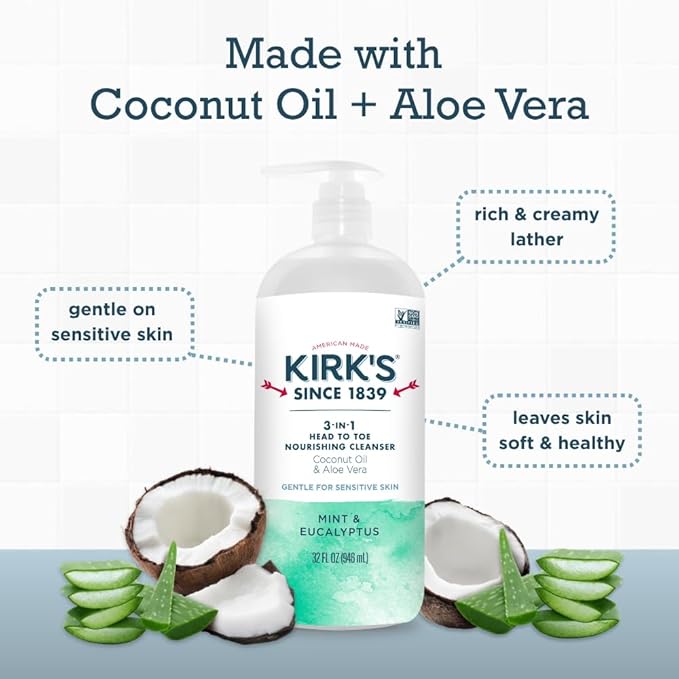 Kirk's 3-in-1 Head to Toe Nourishing Liquid Cleanser - for Men Women &amp Children - Premium Coconut Oil &amp Aloe Vera - Non GMO &amp Vegan - Mint and Eucalyptus - 32 Fl Oz. 2 pack