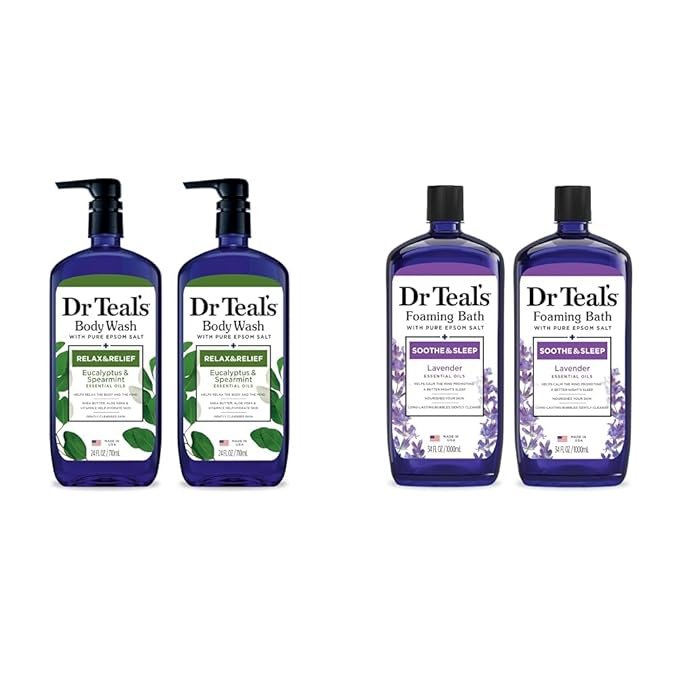 Dr Teal's Body Wash &amp Foaming Bath Bundle with Epsom Salt Eucalyptus &amp Spearmint and Lavender Scents 24 fl oz &amp 34 fl oz (2 Packs)