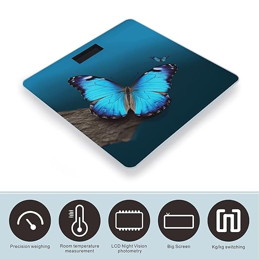 Beautiful Blue Butterfly Scale for Body Weight High Precision Digital Weight Scales with LCD Display Anti-Slip Sturdy Slim Tempered Glass Bathroom Scale for Home Use
